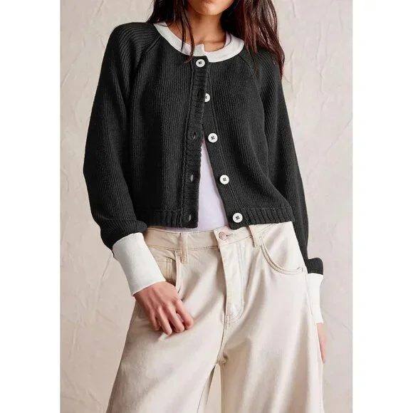 Women Knitted Button Down Cropped Cardigan Jacket Sweater Y2k Fall Knit Color Bl - Picture 2 of 5